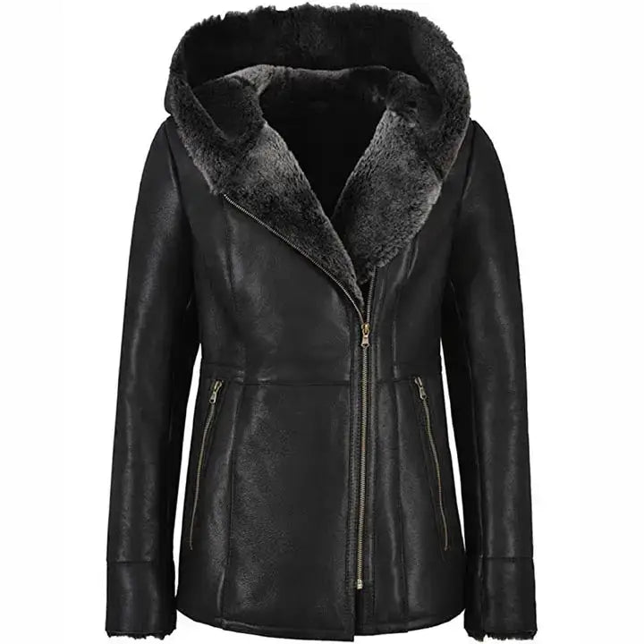 Women’s Black Leather Shearling Fur Jacket with Hood-0