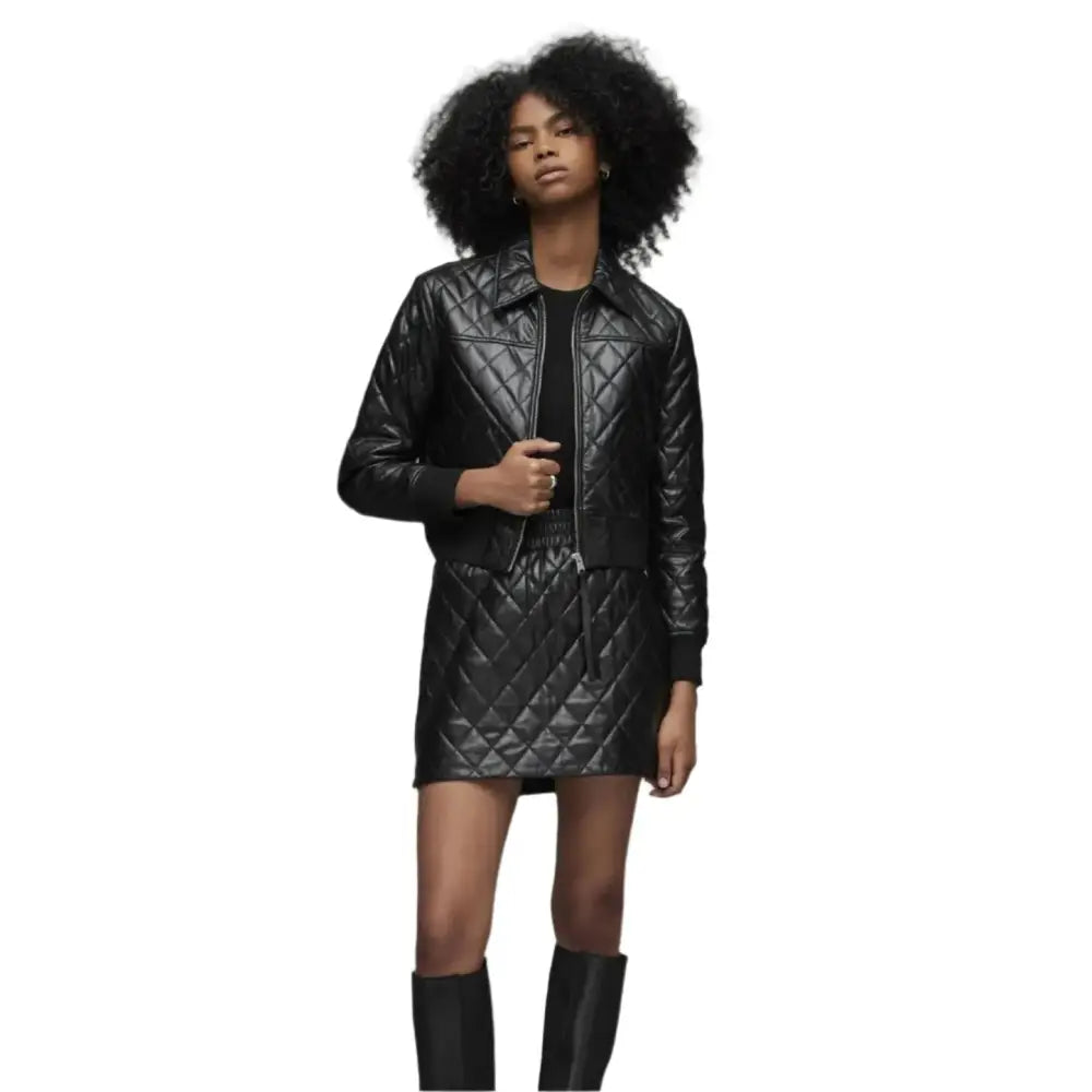 Women’s Black Quilted Leather Bomber Jacket-2