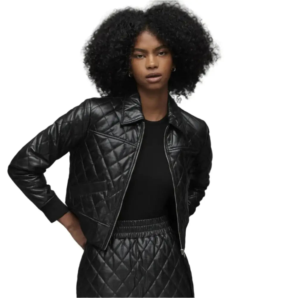 Women’s Black Quilted Leather Bomber Jacket-0
