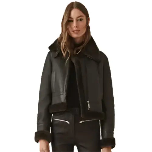 Women’s Black Shearling Leather Bomber Jacket – Winter Style-0