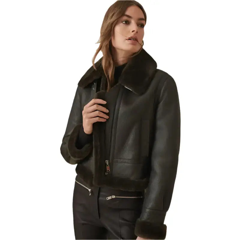 Women’s Black Shearling Leather Bomber Jacket – Winter Style-2