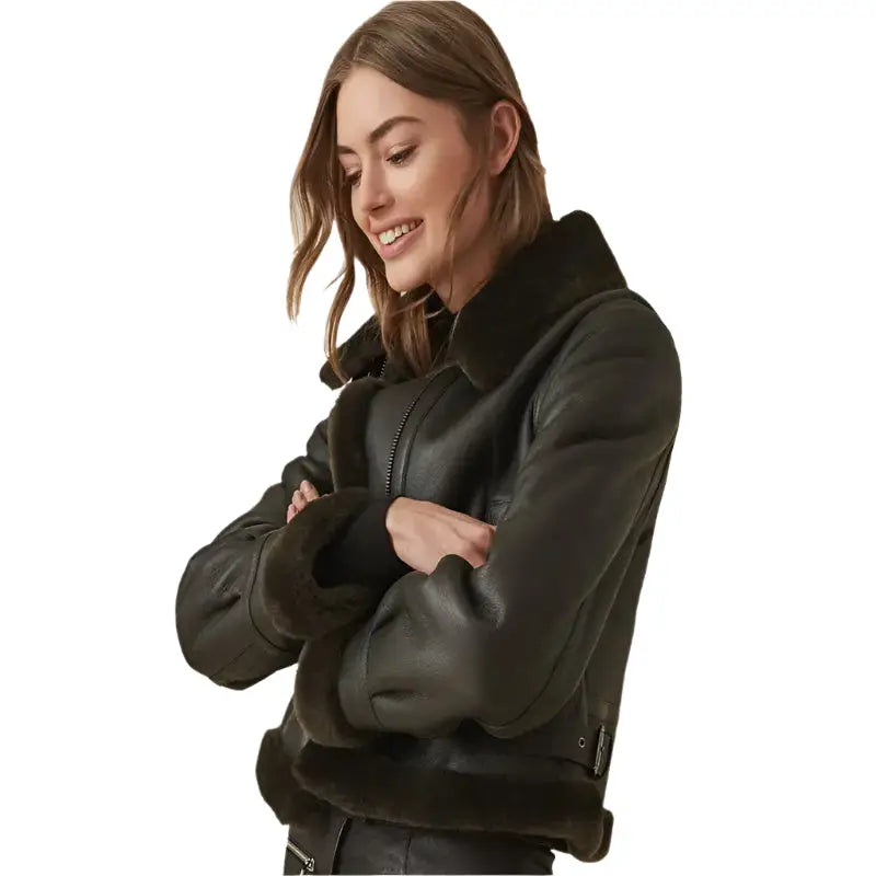 Women’s Black Shearling Leather Bomber Jacket – Winter Style-3