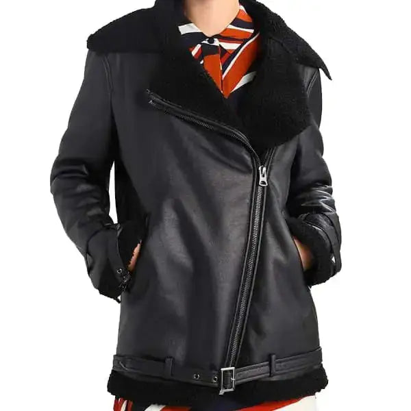 Women’s Black Shearling Leather Aviator Jacket-0