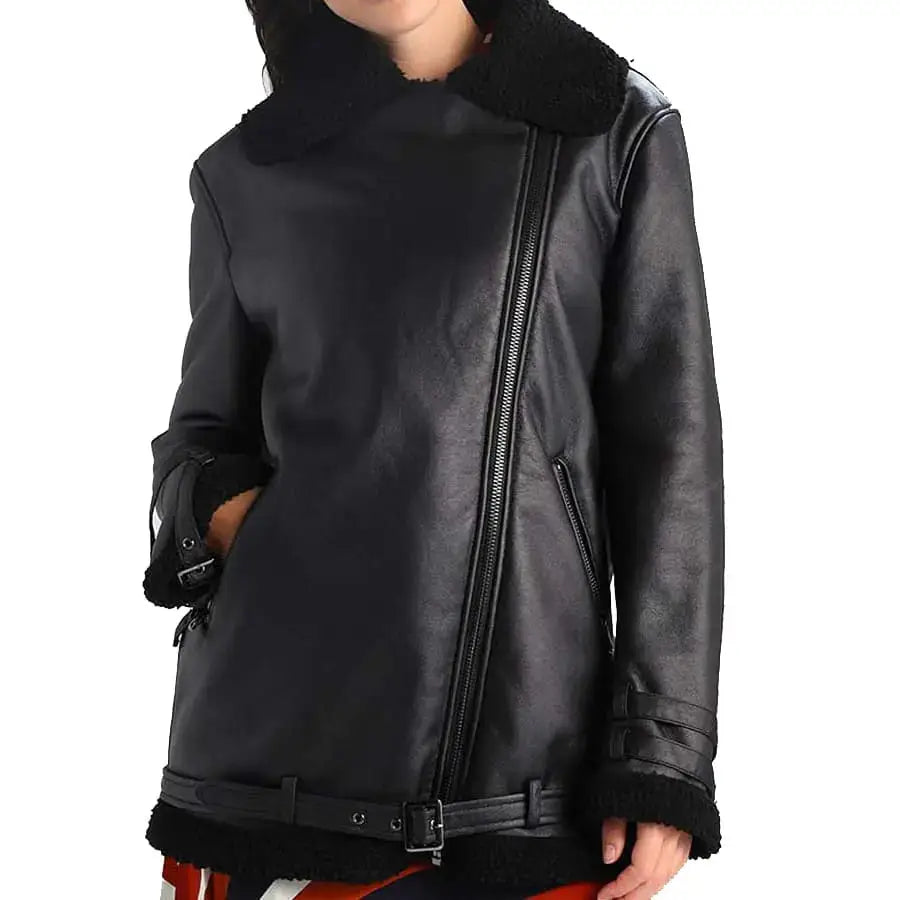 Women’s Black Shearling Leather Aviator Jacket-2