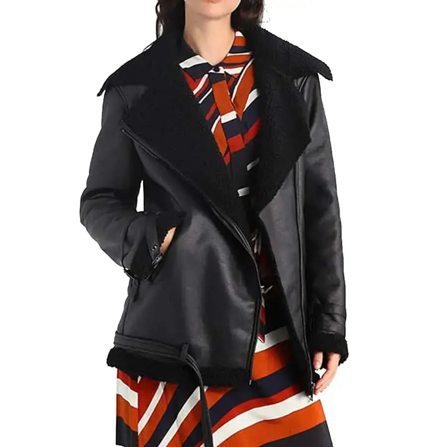 Women’s Black Shearling Leather Aviator Jacket-3