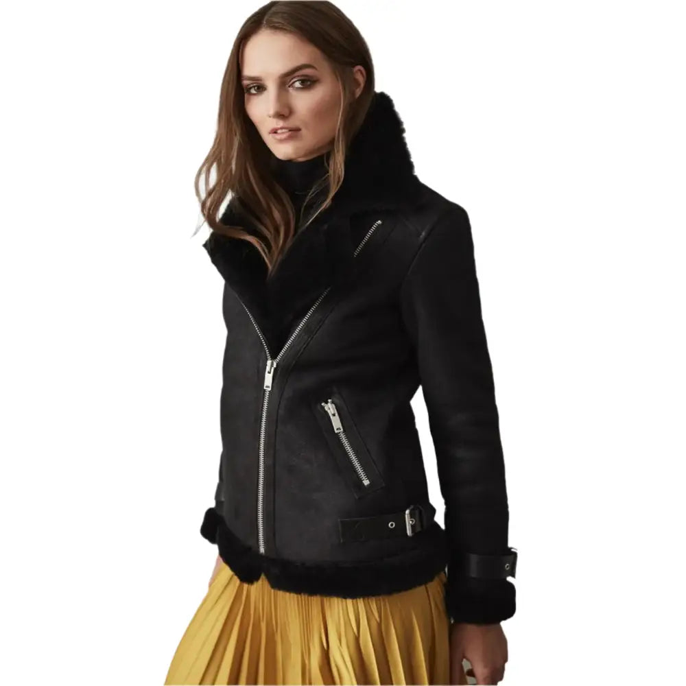 Womens Black Shearling Leather Jacket-2