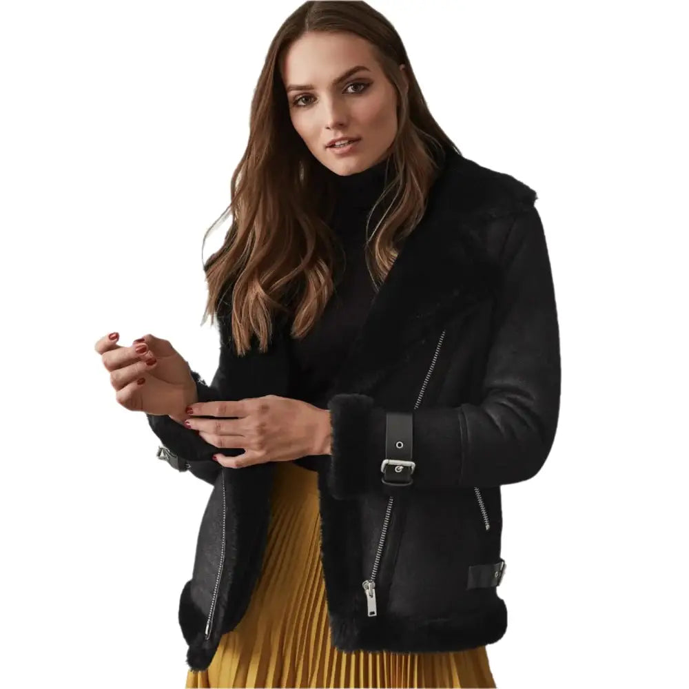 Womens Black Shearling Leather Jacket-1