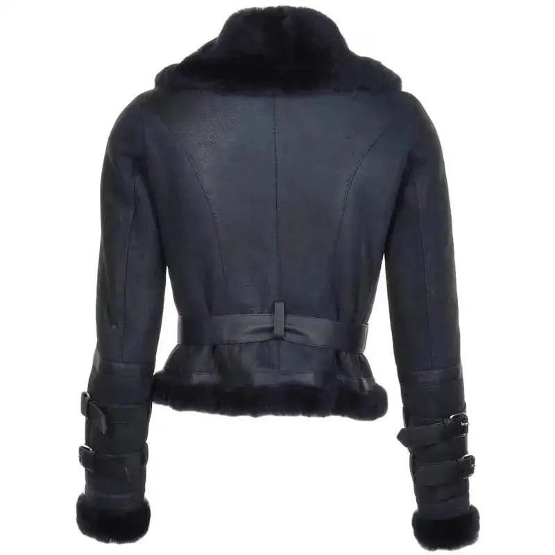 Womens Black Shearling Bomber Jacket-1