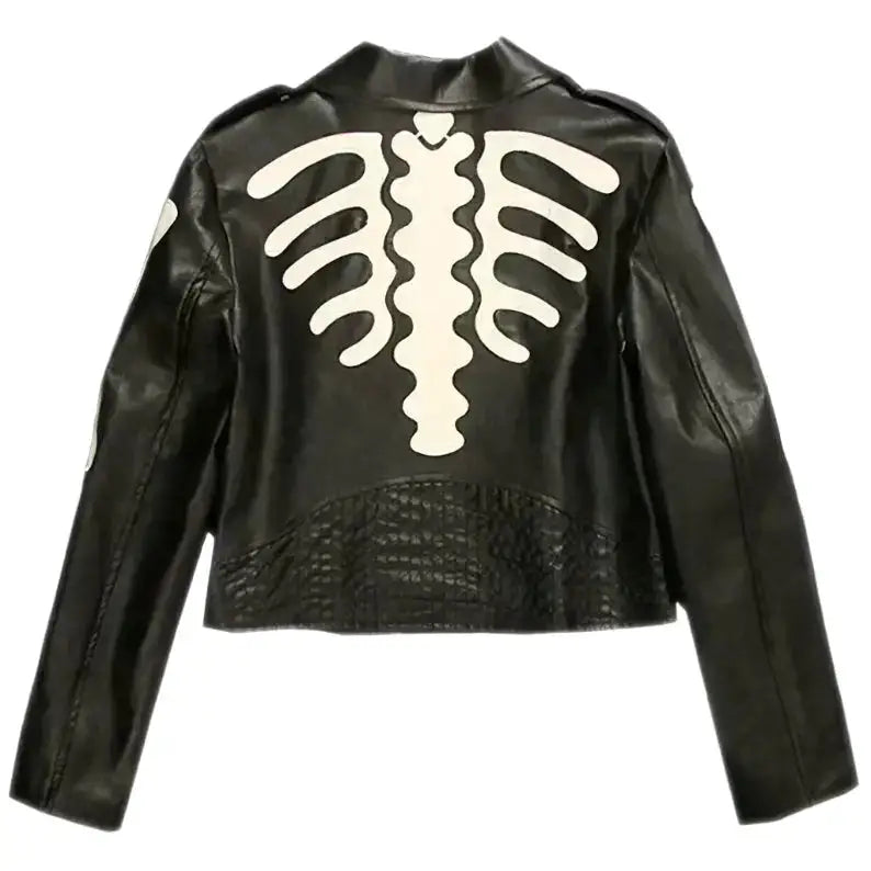 Womens Black Skeleton Leather Biker Jacket-1