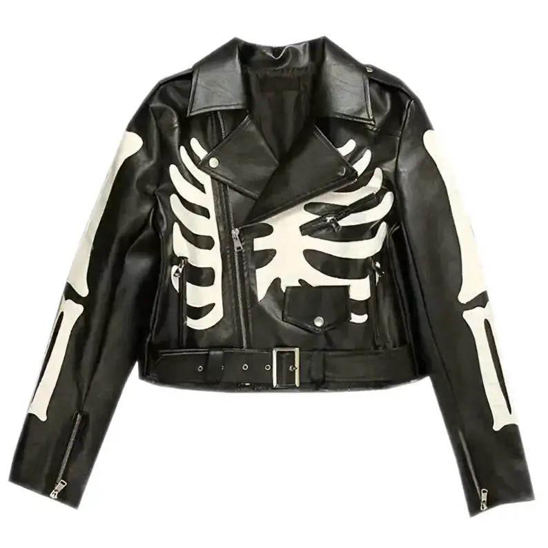 Womens Black Skeleton Leather Biker Jacket-0