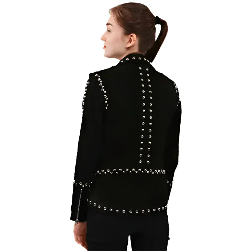 Womens Black Studded Suede Biker Jacket-1