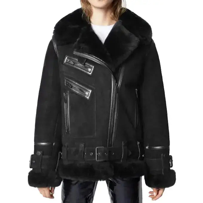Women’s Black Suede Shearling Leather Jacket-0