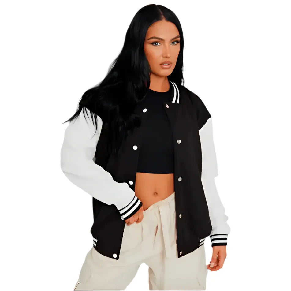 Women’s Black Leather Varsity Bomber Jacket-0