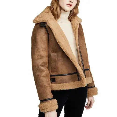 Women’s Brown Shearling Aviator Jacket-2