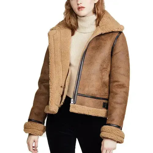 Women’s Brown Shearling Aviator Jacket-0