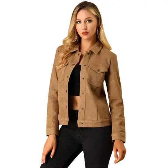 Women’s Brown Button Suede Leather Jacket-0