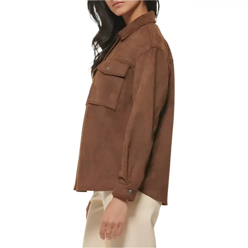 Women’s Brown Carafe Soft Suede Leather Shirt Jacket-3