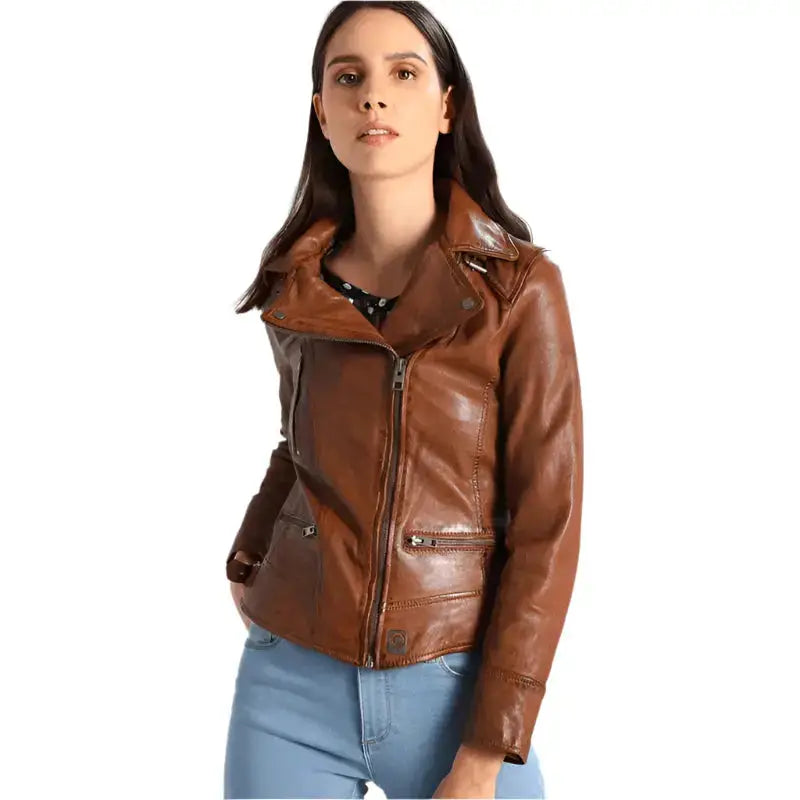 Women’s Brown Leather Biker Jacket-0