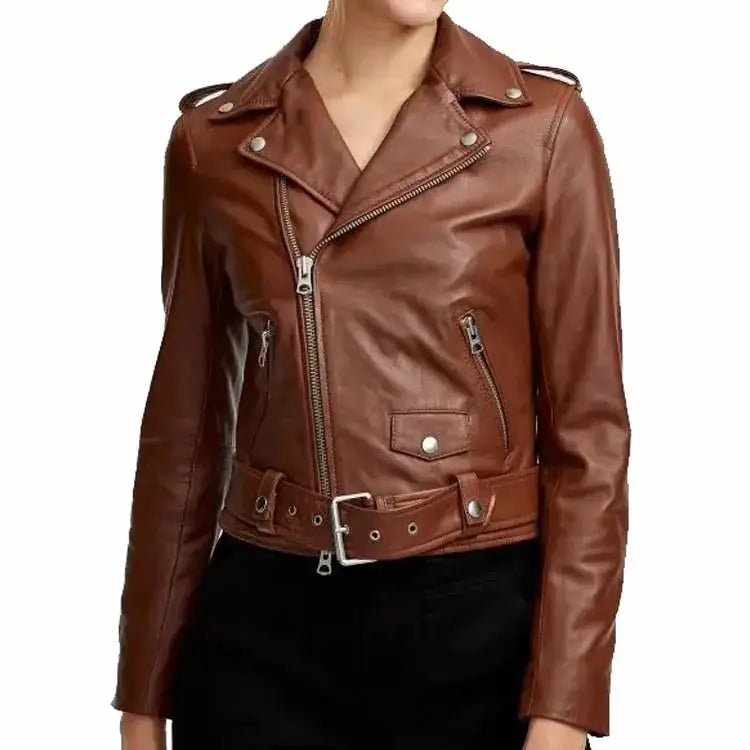 Women’s Brown Sheepskin Leather Biker Jacket-0