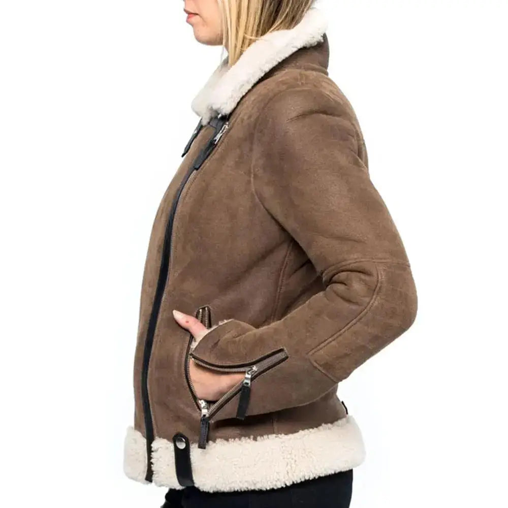 Women’s Brown Shearling Aviator Jacket-2