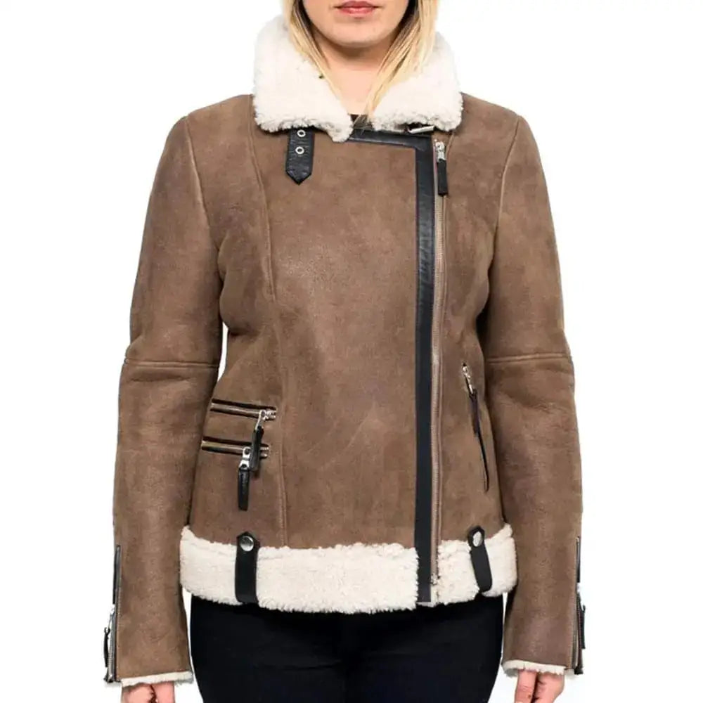 Women’s Brown Shearling Aviator Jacket-0