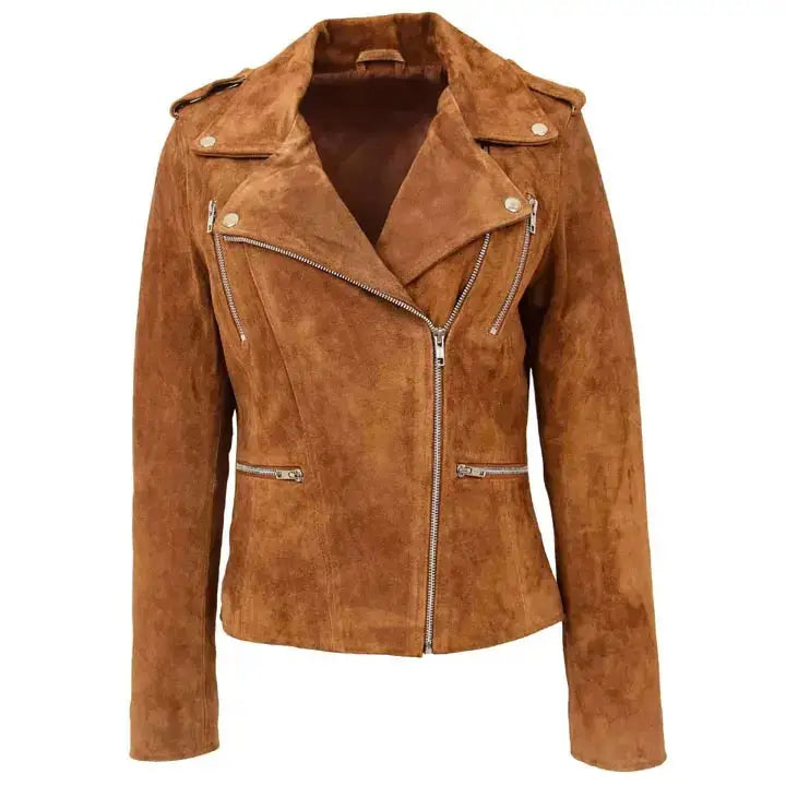 Women’s Brown Suede Leather Biker Jacket-0