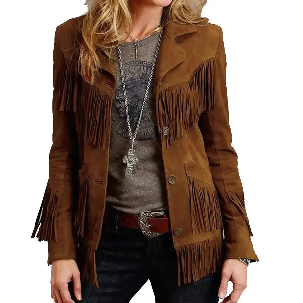 Women’s Brown Suede Fringe Leather Jacket-0