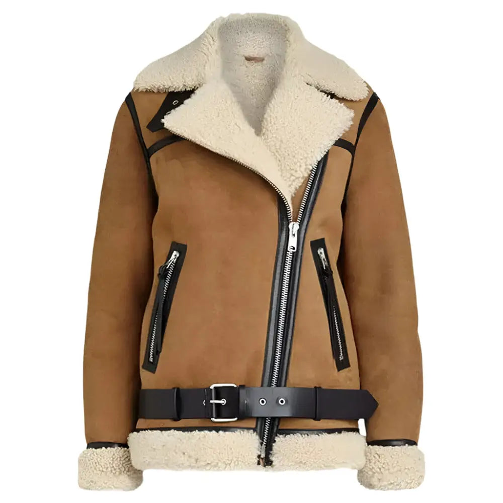 Women’s Brown Suede Shearling Motorcycle Jacket-0