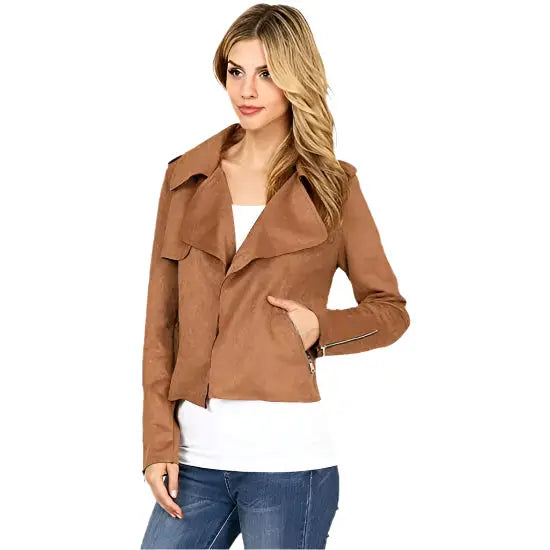 Women’s Camel Suede Leather Moto Jacket-1