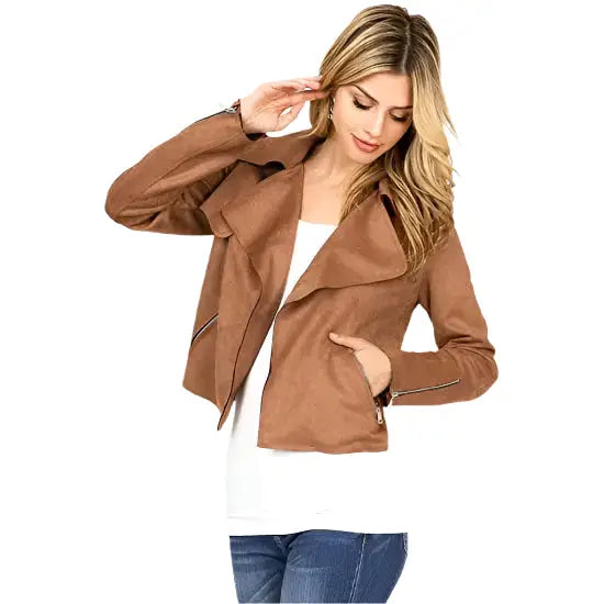 Women’s Camel Suede Leather Moto Jacket-0