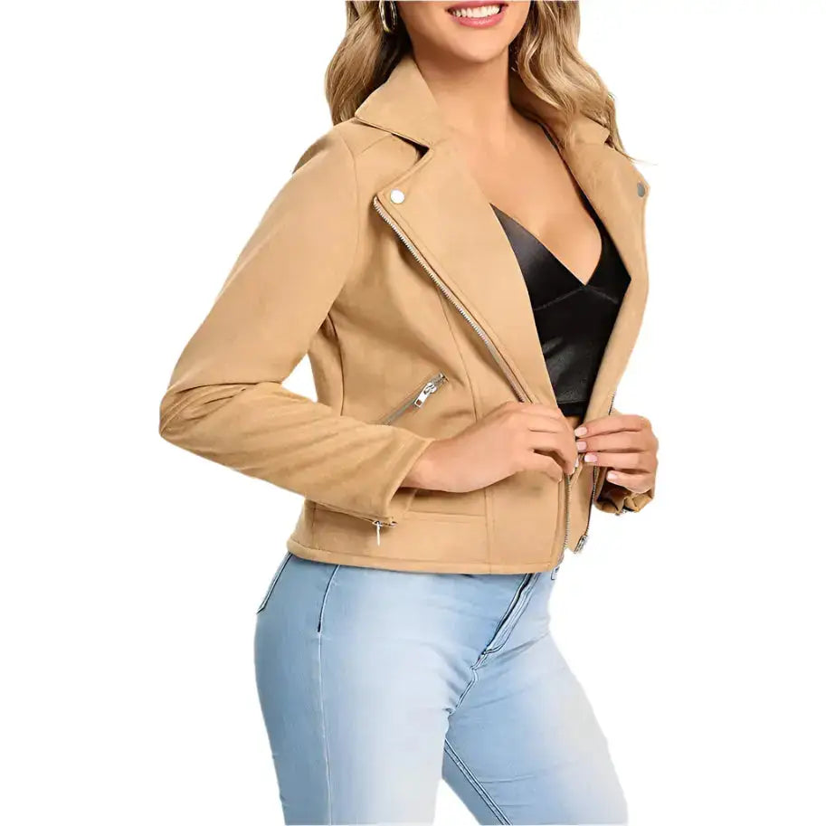 Women’s Camel Suede Leather Motorcycle Biker Jacket-1