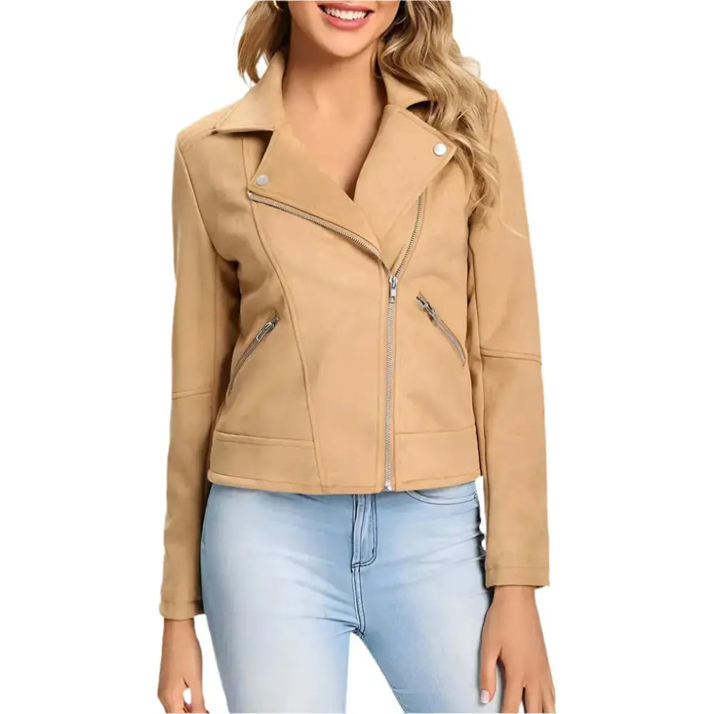 Women’s Camel Suede Leather Motorcycle Biker Jacket-0
