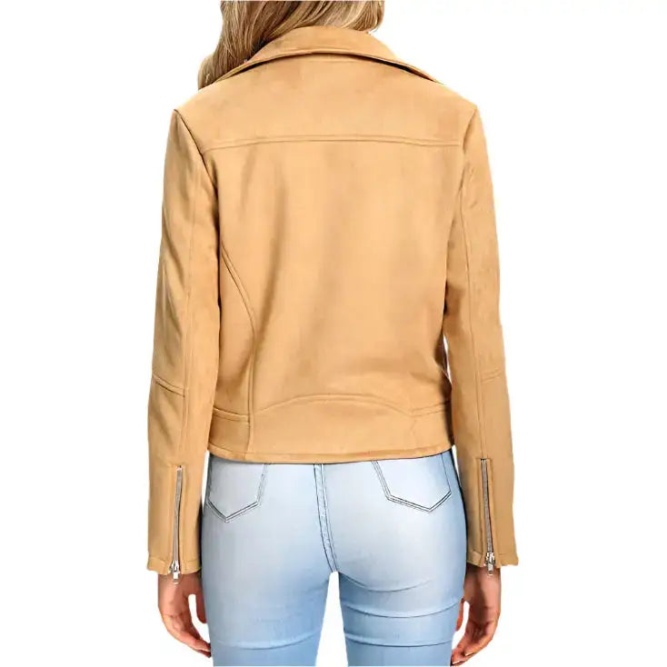 Women’s Camel Suede Leather Motorcycle Biker Jacket-2