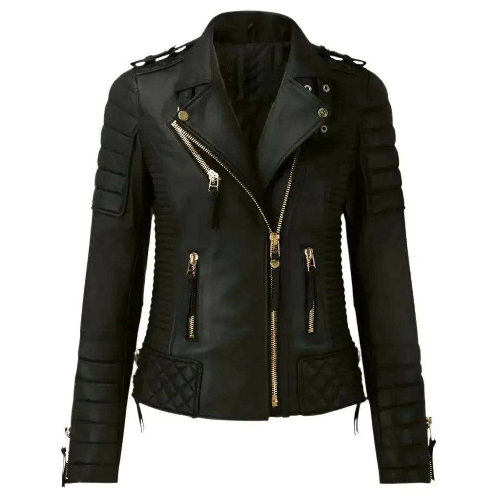 Women’s Classic Motorcycle Leather Jacket – Golden Zipper Detail-0