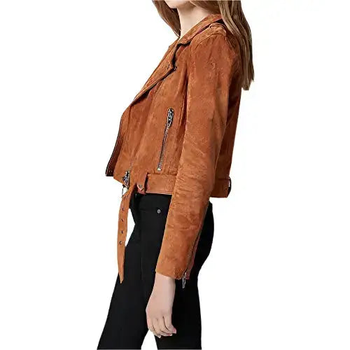 Women’s Cropped Suede Leather Motorcycle Jacket-2