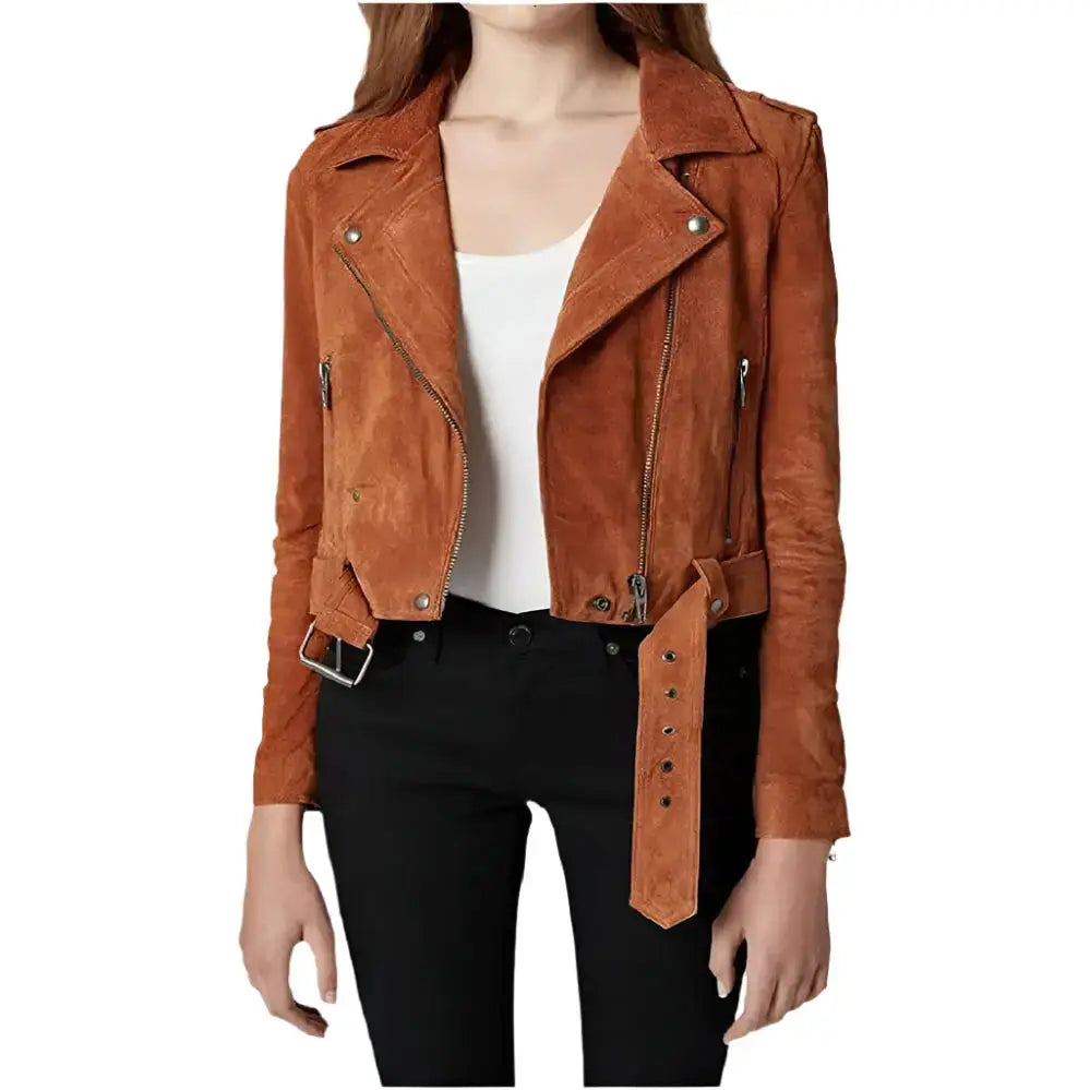 Women’s Cropped Suede Leather Motorcycle Jacket-0
