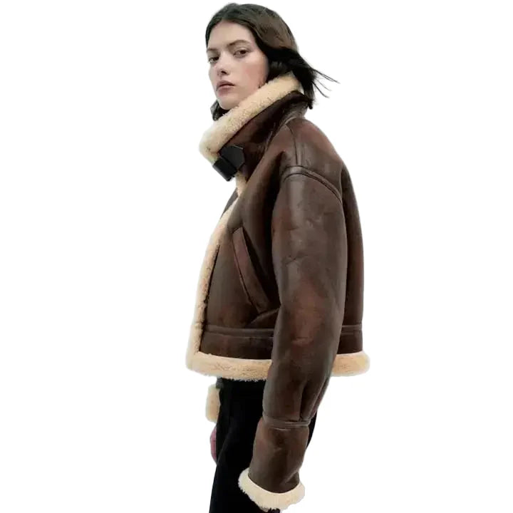Women’s Dark Brown B3 Bomber Shearling Fur Aviator Jacket-1