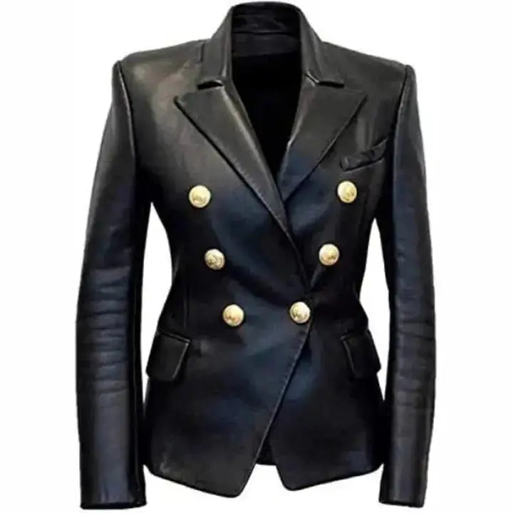 Women's Black Leather Double-Breasted Designer Blazer-0