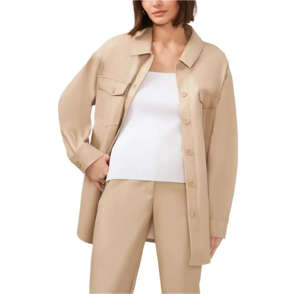 Women’s Oxford Tan Vegan Leather Shirt Jacket-0
