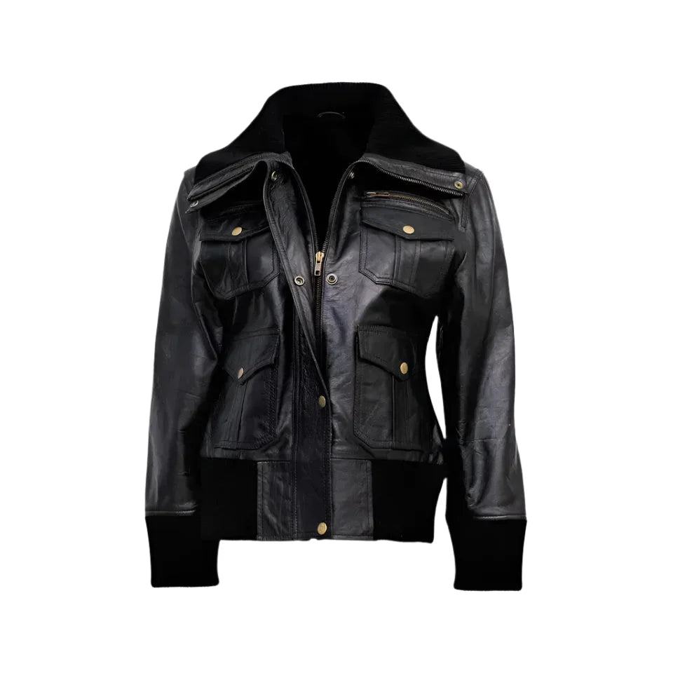 Women’s Black Leather Four-Pocket Bomber Jacket-1