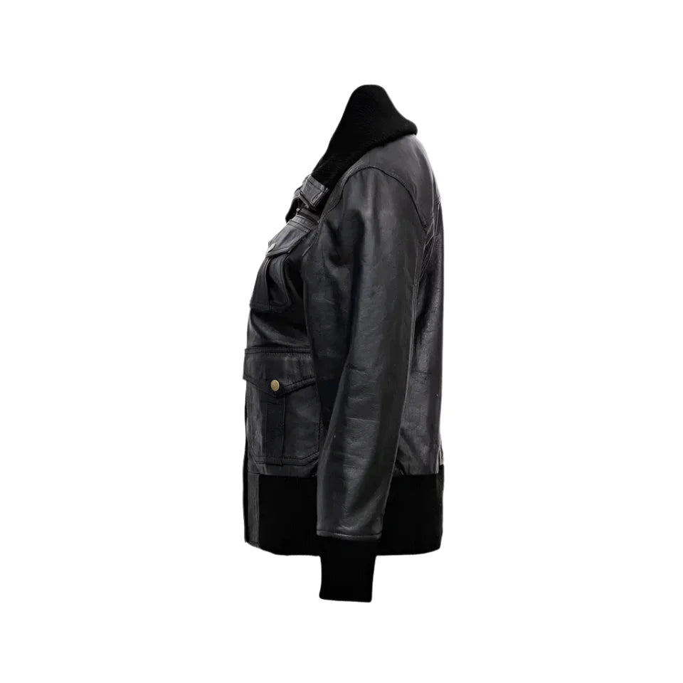 Women’s Black Leather Four-Pocket Bomber Jacket-3