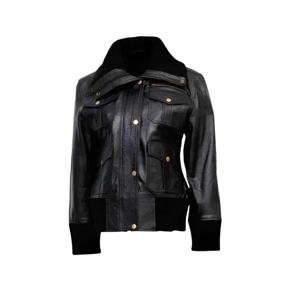 Women’s Black Leather Four-Pocket Bomber Jacket-0