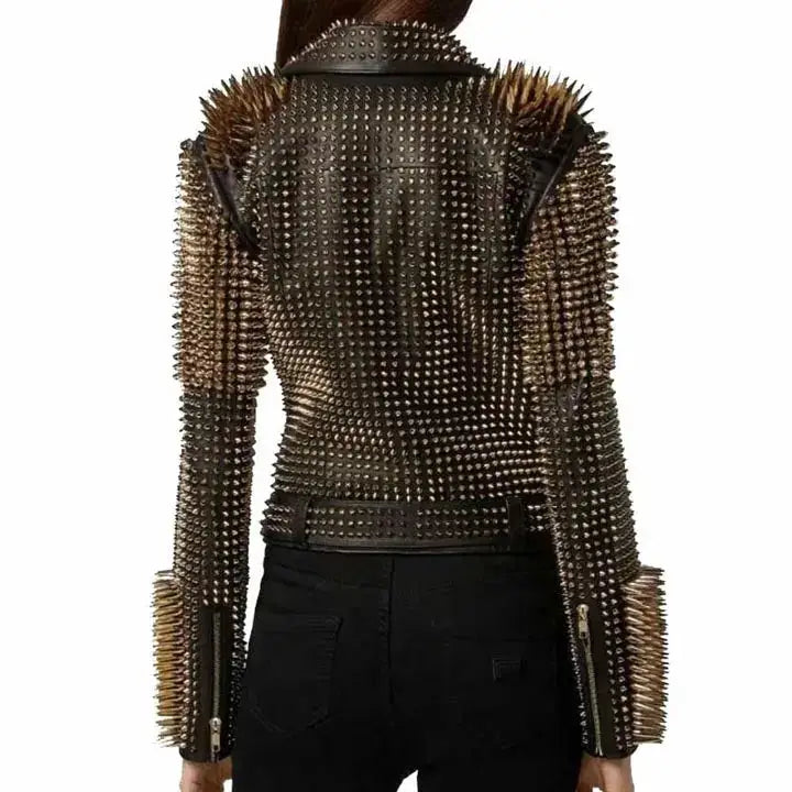 Women’s Golden Studded Spiked Leather Jacket-1