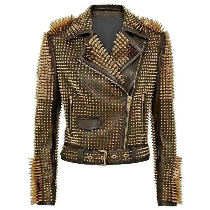 Women’s Golden Studded Spiked Leather Jacket-0