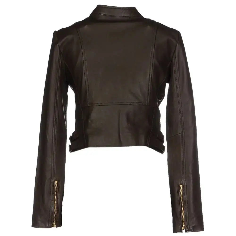 Women’s Golden Vintage Zipper Biker Leather Jacket-1