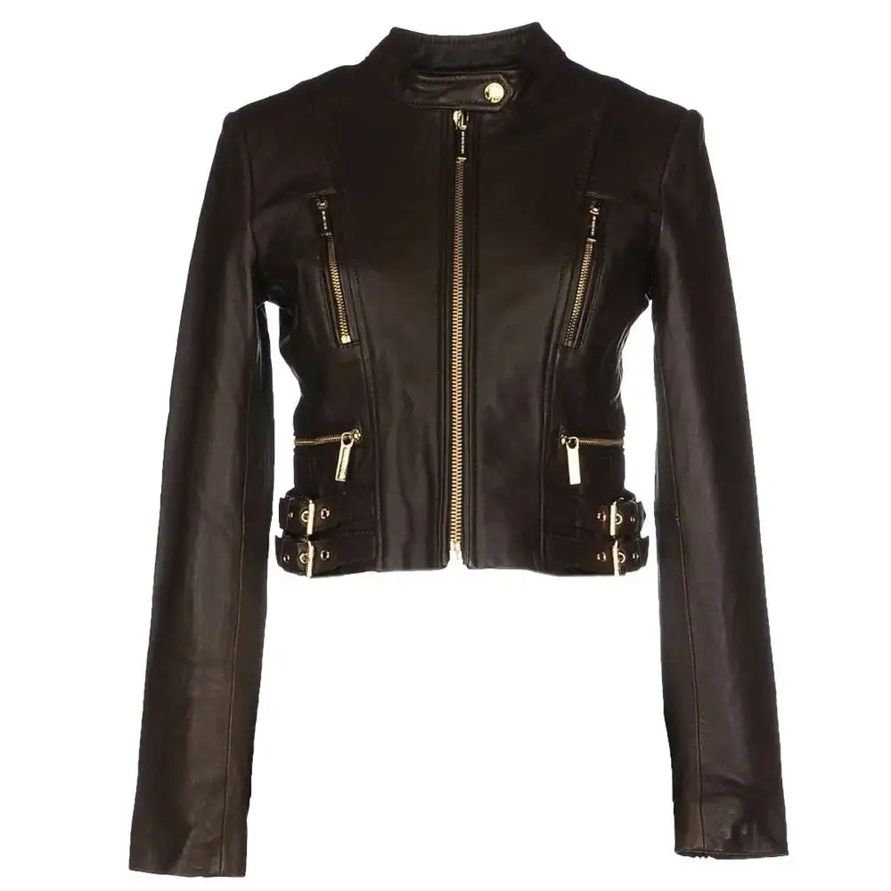 Women’s Golden Vintage Zipper Biker Leather Jacket-0