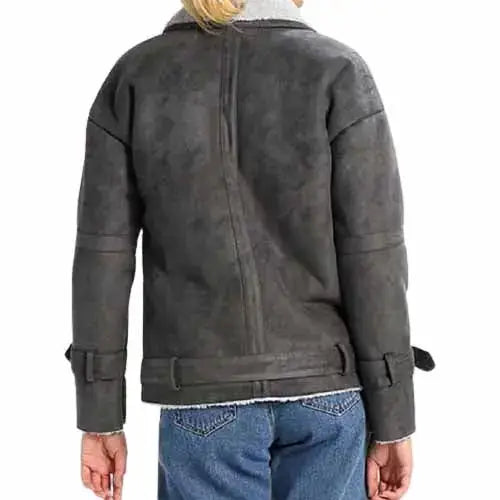 Women’s Grey Shearling Motorcycle Jacket-1
