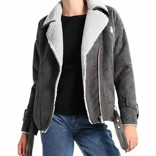 Women’s Grey Shearling Motorcycle Jacket-0