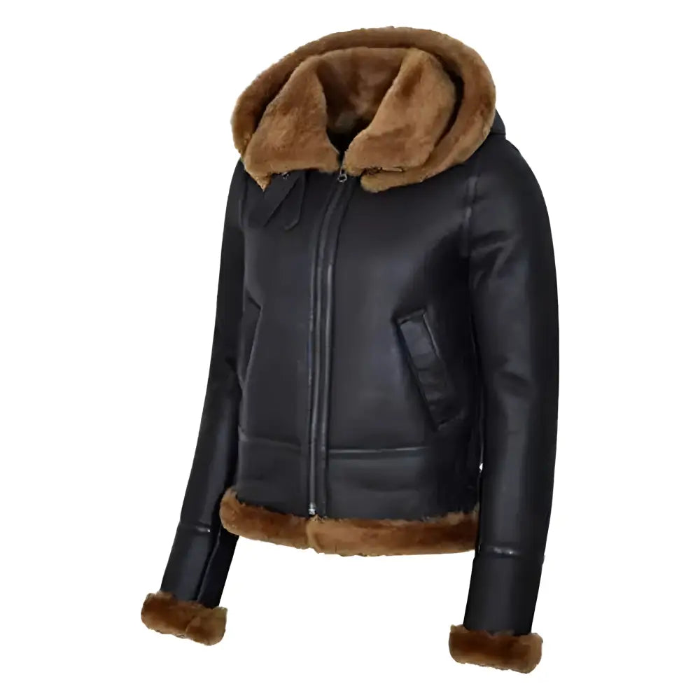 Women’s Hooded Black Sherpa Leather Aviator Jacket-2