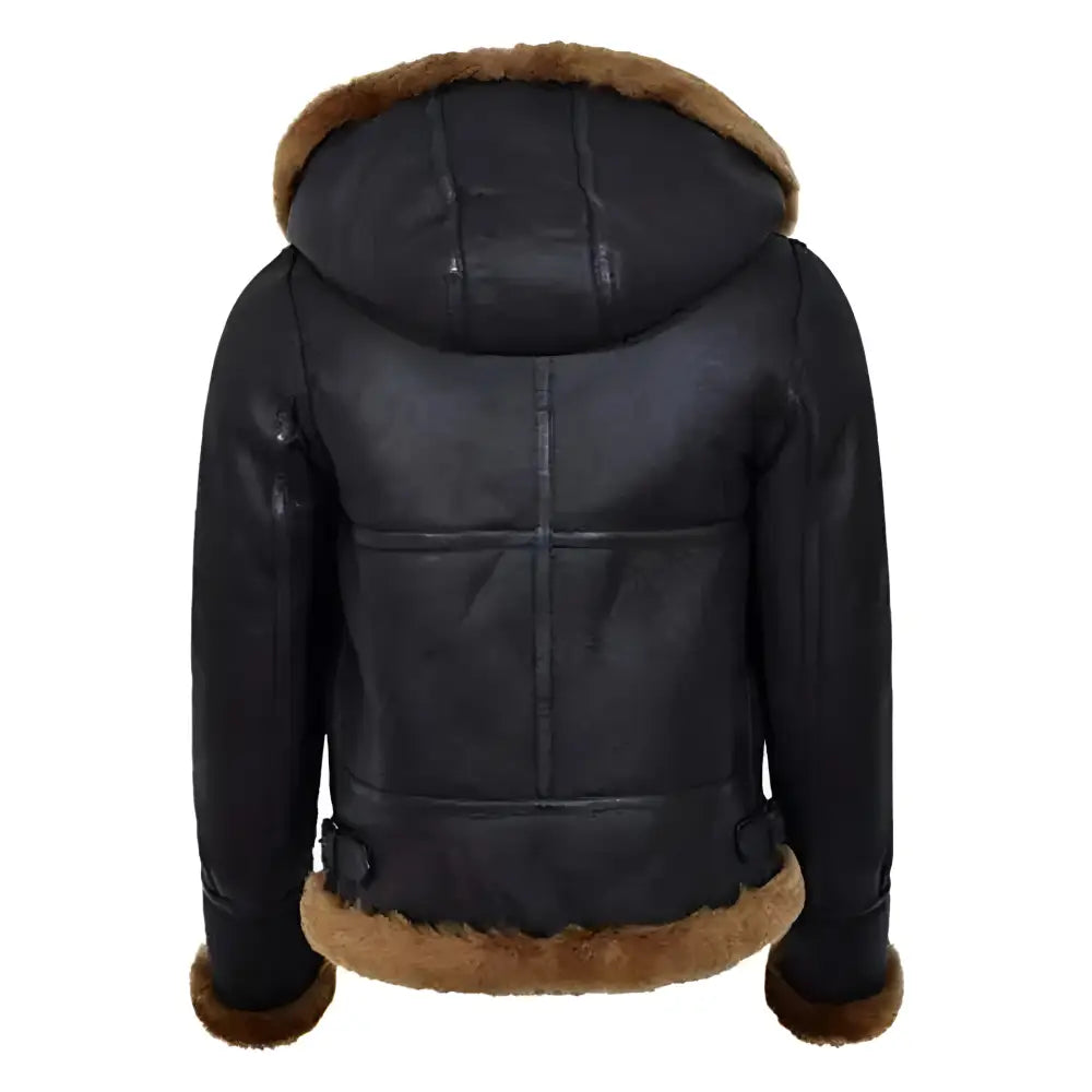 Women’s Hooded Black Sherpa Leather Aviator Jacket-1
